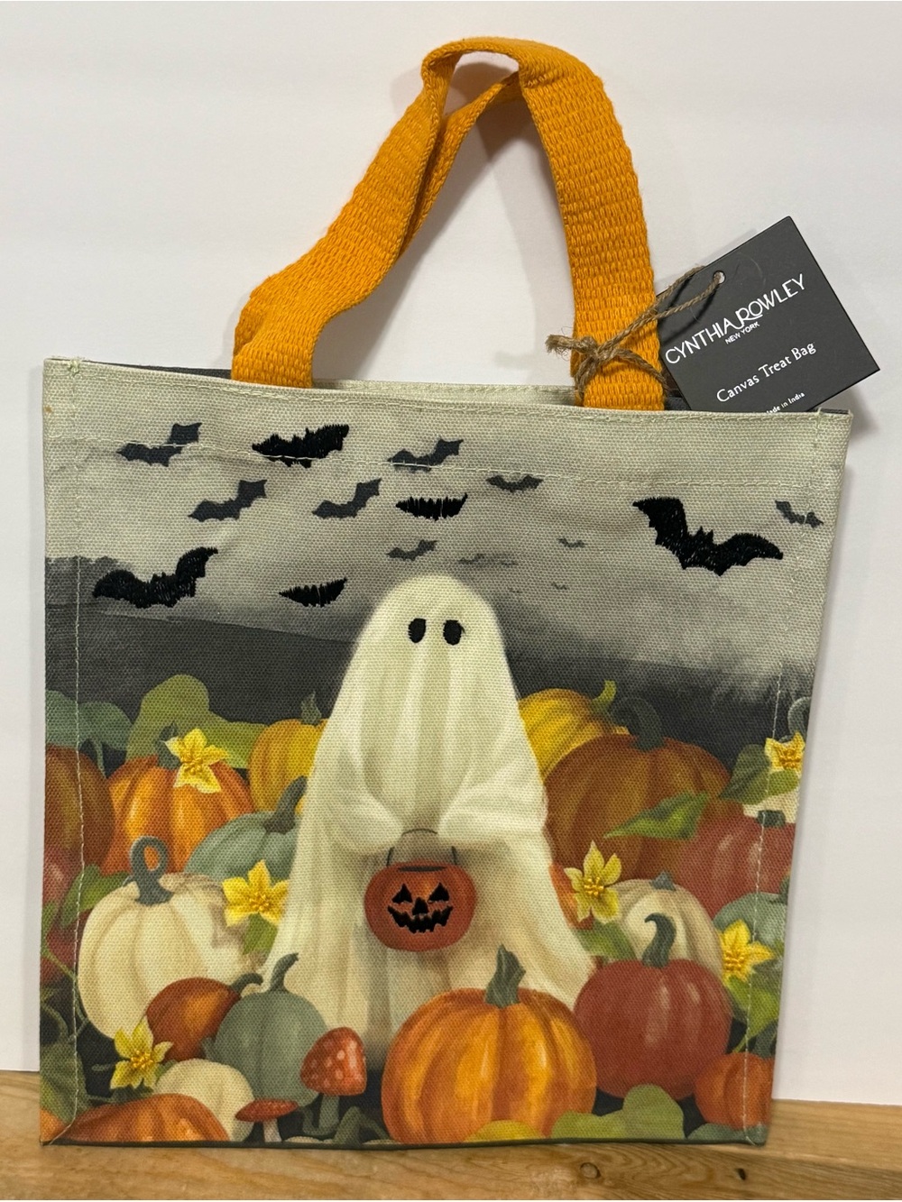 Cynthia Rowley Orange-Handled Ghost Pumpkin Canvas Tote Bag (10”x10”x6”) -NWT